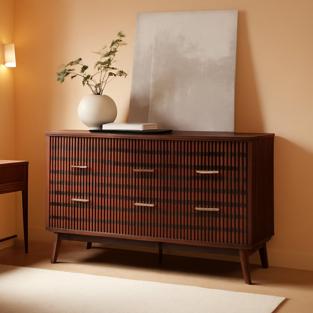 Dark Walnut Contemporary Fluted Six Drawer Dresser