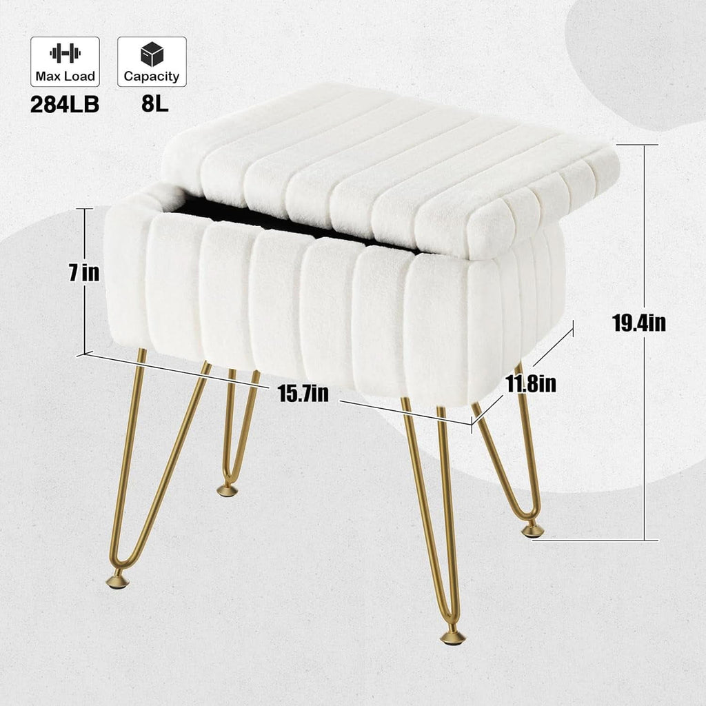 White Faux-Fur Vanity Stool With Premium-Grade Stowable-Storage