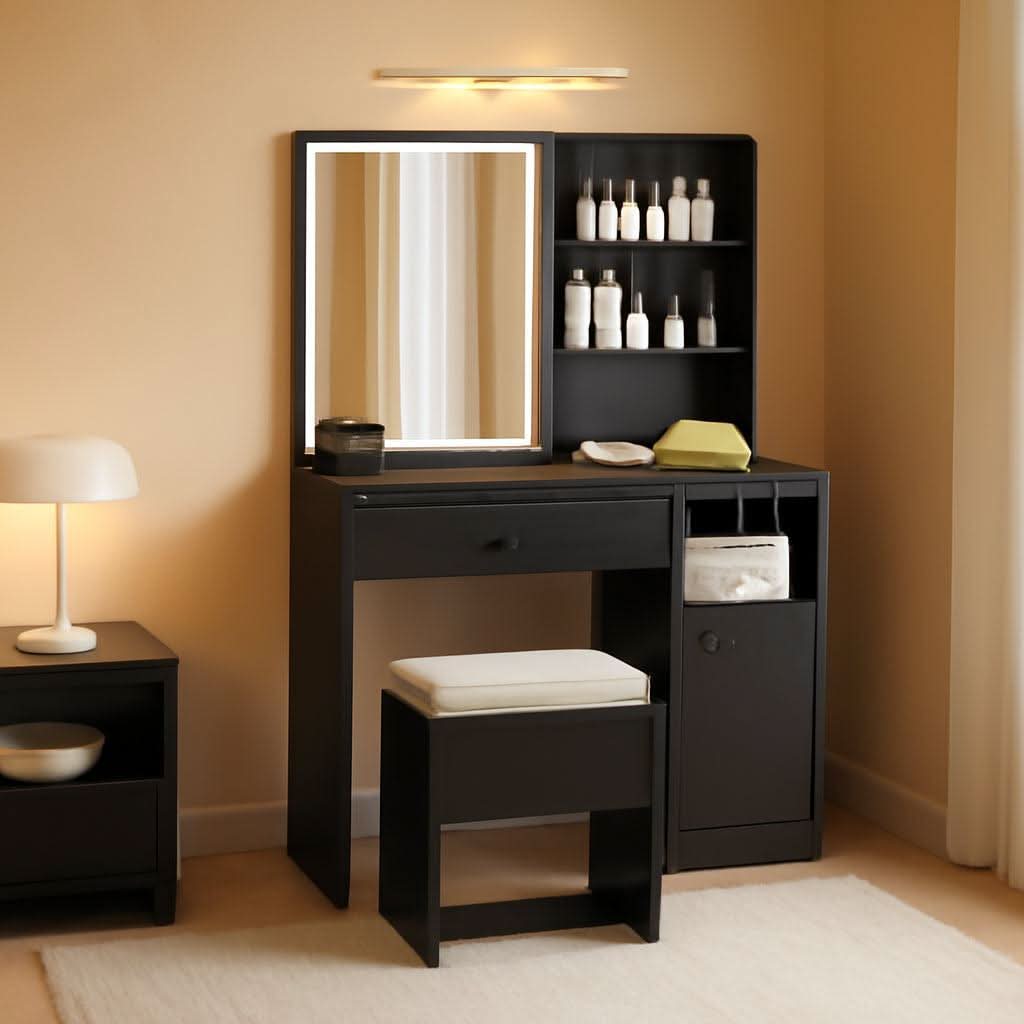 Black Adjustable LED Vanity Desk with Mirror and Charging