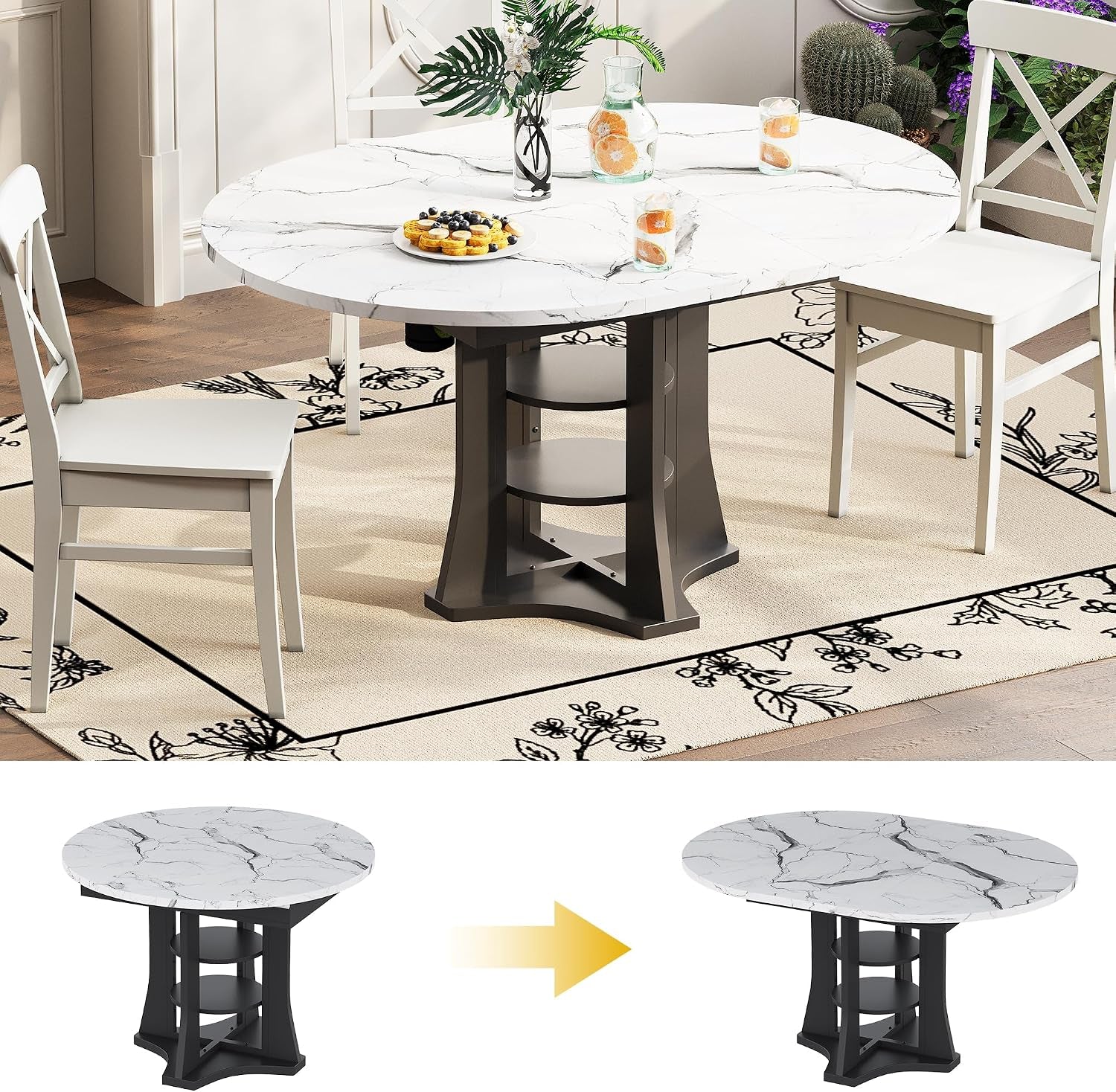 White Marble Extendable Dining Table Circular Convertible