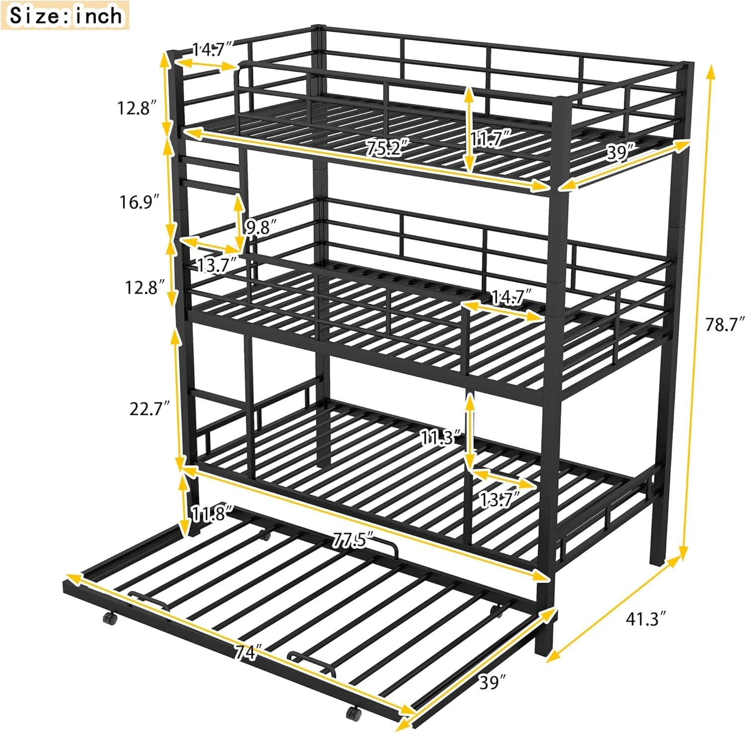 Metal Twin Size Triple Bunk Bed with Trundle, Black for Kids