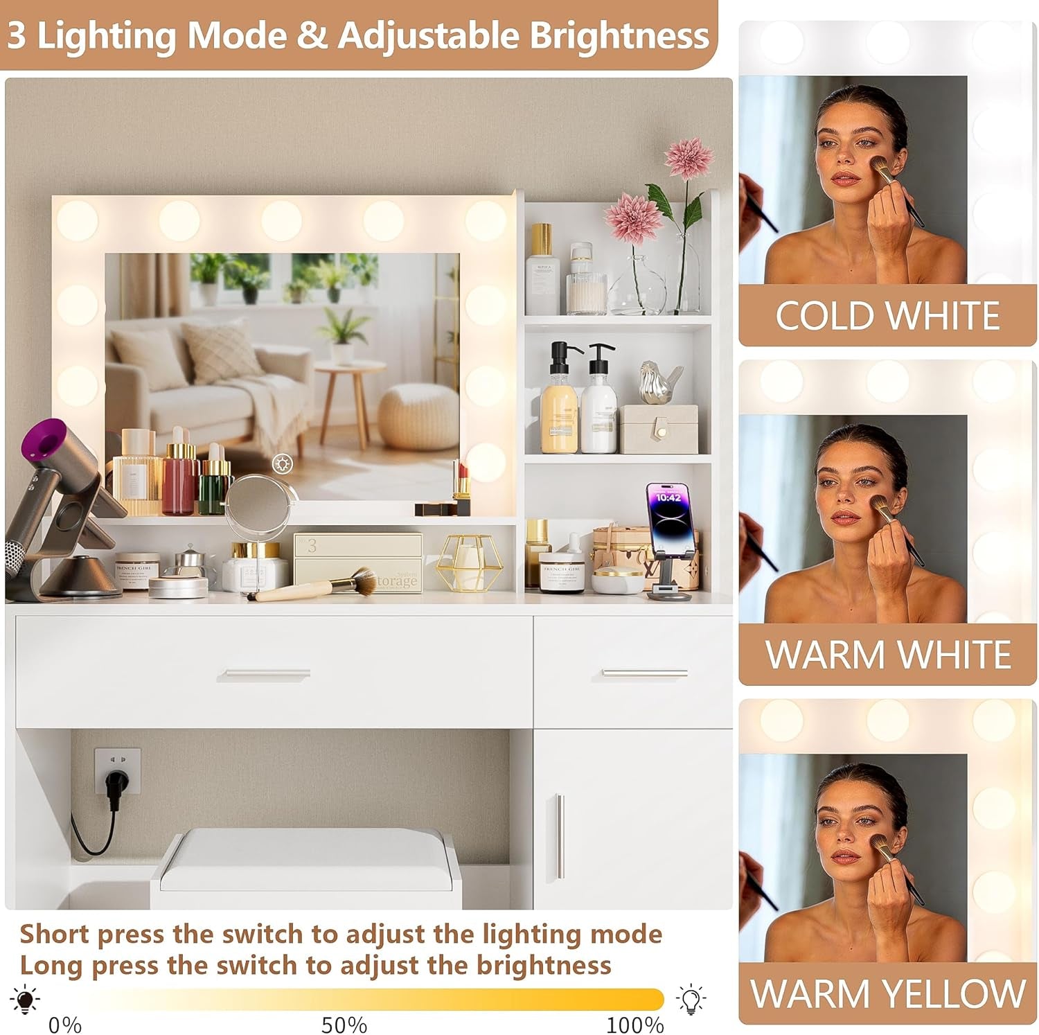 White Vanity Desk With Illuminated Cosmetics Storage