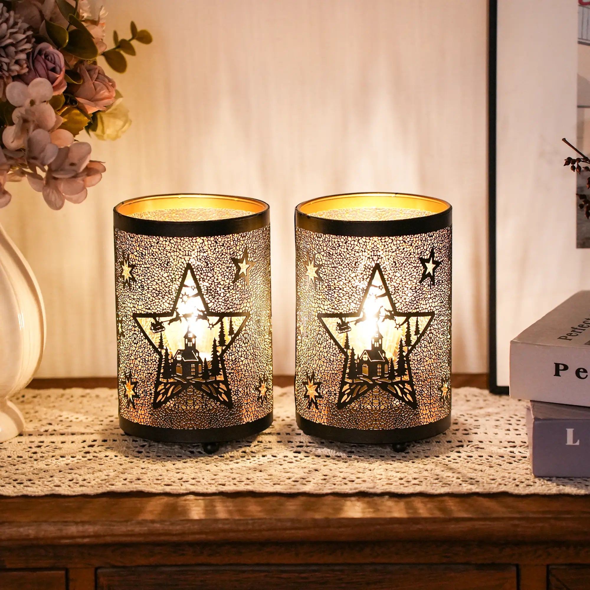 12PCS Etched Star lamp Battery Operated 6.5" H Bronze Metal Table Lamp with 6H Timer Decorations for Living Room Tabletop Parties Patio Entryway Indoors Outdoors