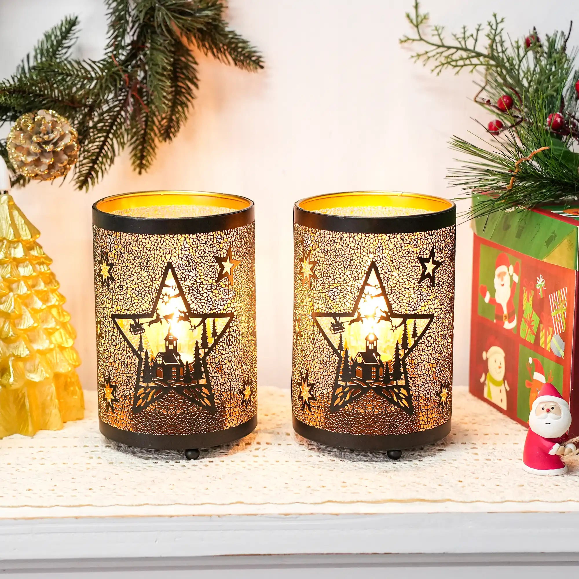 12PCS Etched Star lamp Battery Operated 6.5" H Bronze Metal Table Lamp with 6H Timer Decorations for Living Room Tabletop Parties Patio Entryway Indoors Outdoors