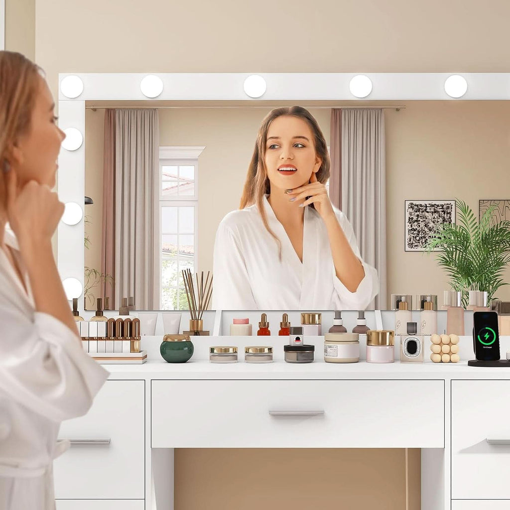 White Vanity Desk With Adjustable Illuminated Mirror