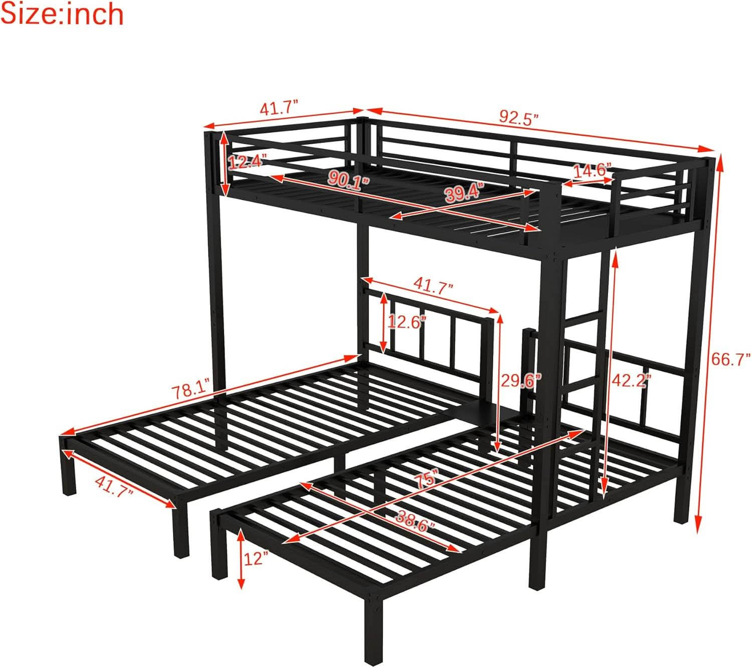 Triple Bunk Bed For Kids Metal Twin Over Twin Black