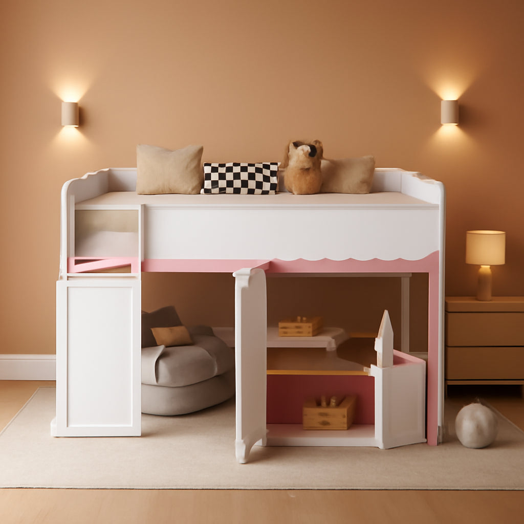 Full Size Loft Bed With Playhouse Cabinets