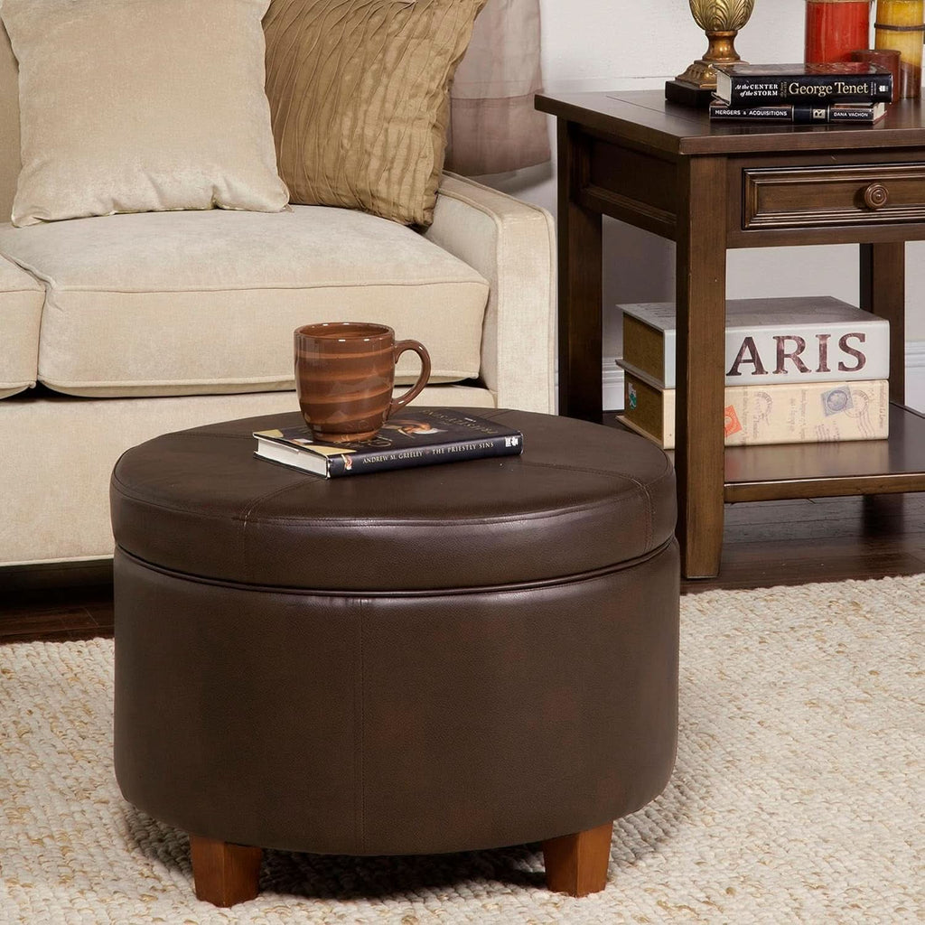 Round Leatherette Storage Ottoman Chocolate Brown Large