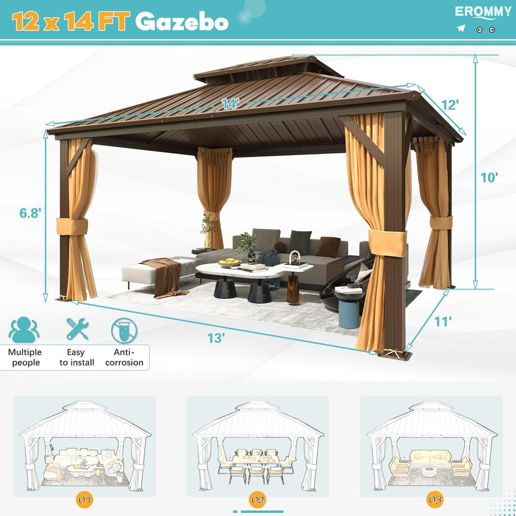 12x14 Hardtop Aluminum Gazebo Weatherproof Curtain Netting