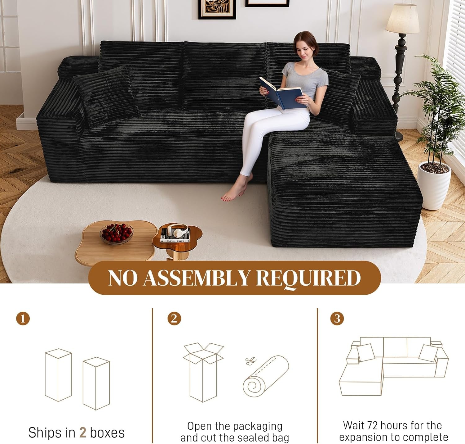 108 Inch Corduroy Left Facing Sectional Sofa Charcoal