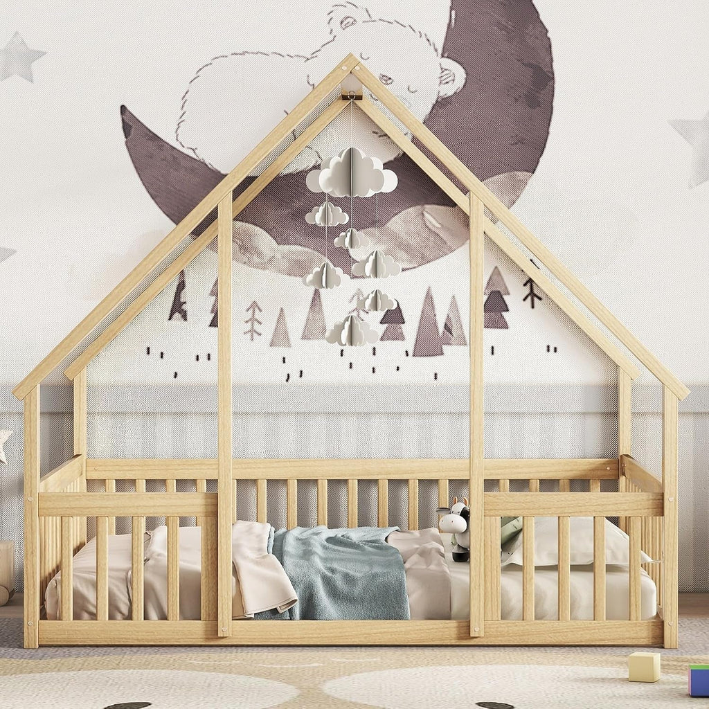Full Size House-Shaped Natural Wooden Kids Floor Bed