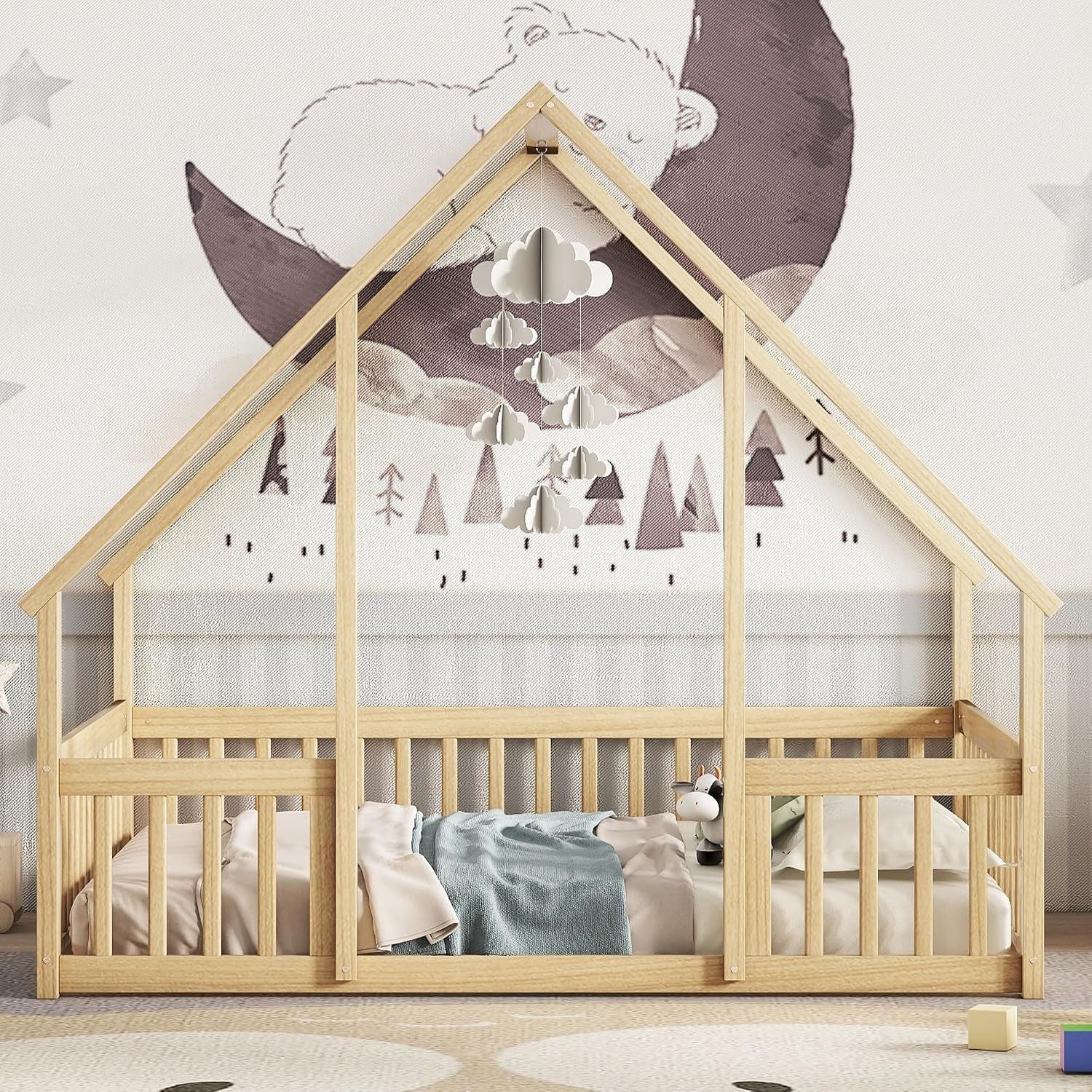 Full Size House-Shaped Natural Wooden Kids Floor Bed