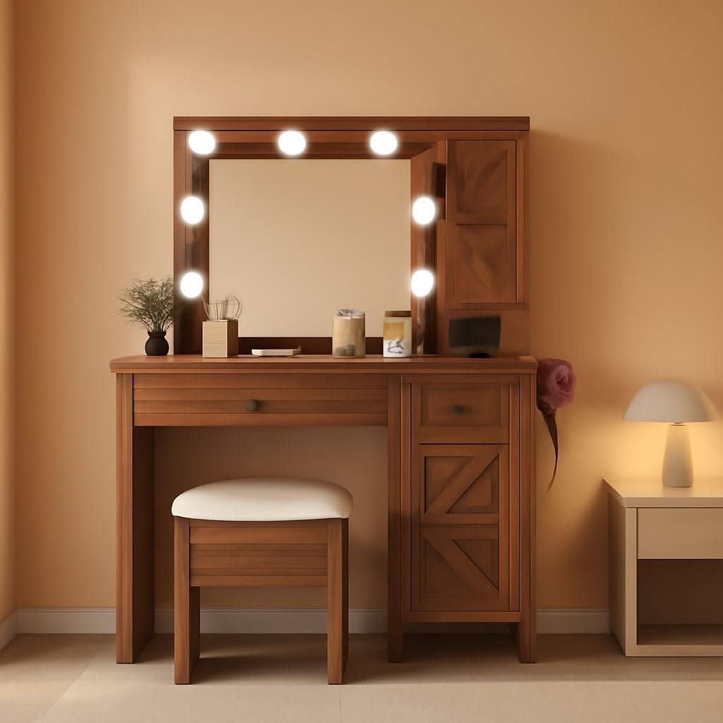 Contemporary Rustic Brown Vanity Desk With Lighting