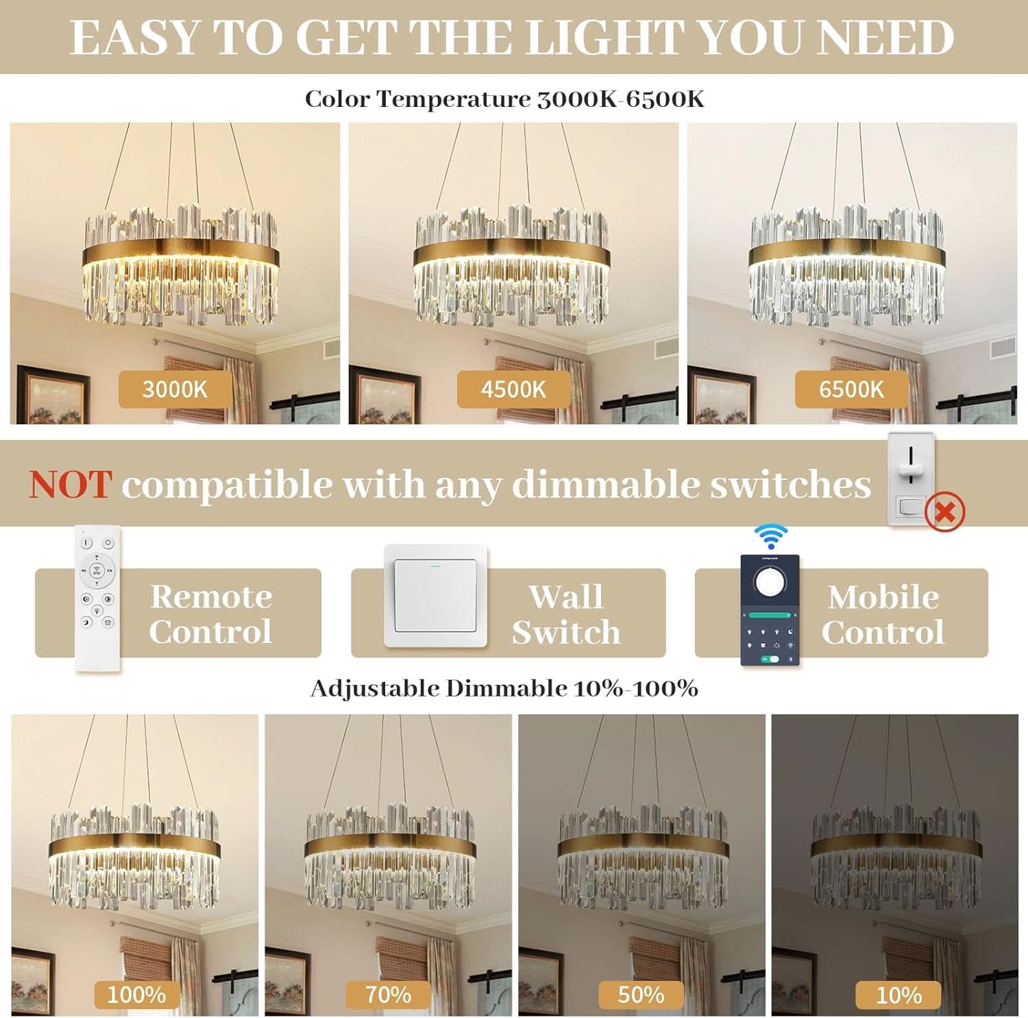 19.7 Inches Dimmable Crystal Pendant Chandelier Gold