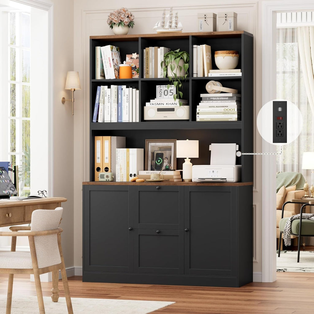 Seventy Two Inch Tall Black Bookcase With Power Out let System