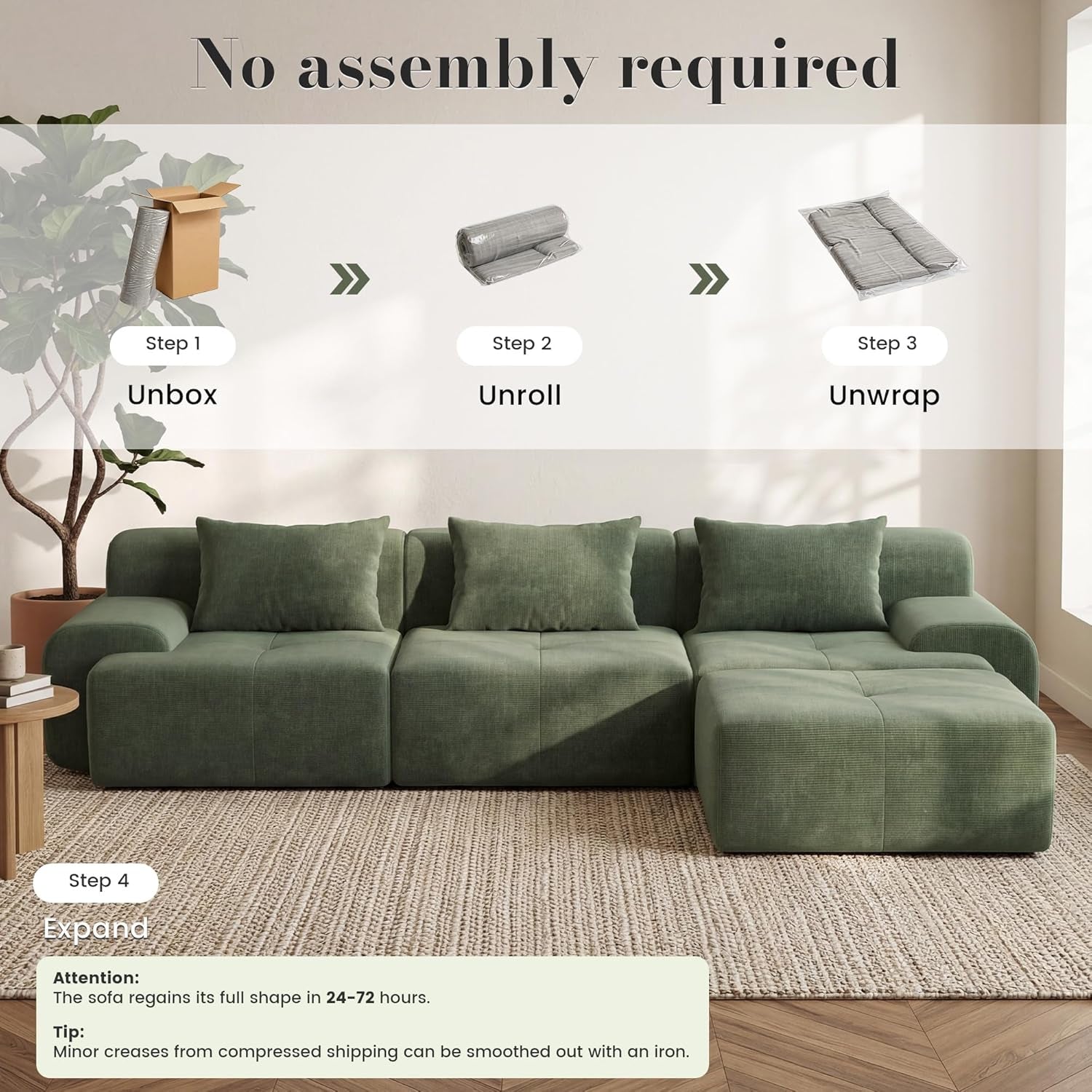 Green Corduroy 108 Inch Luxurious Sectional Sofa Set
