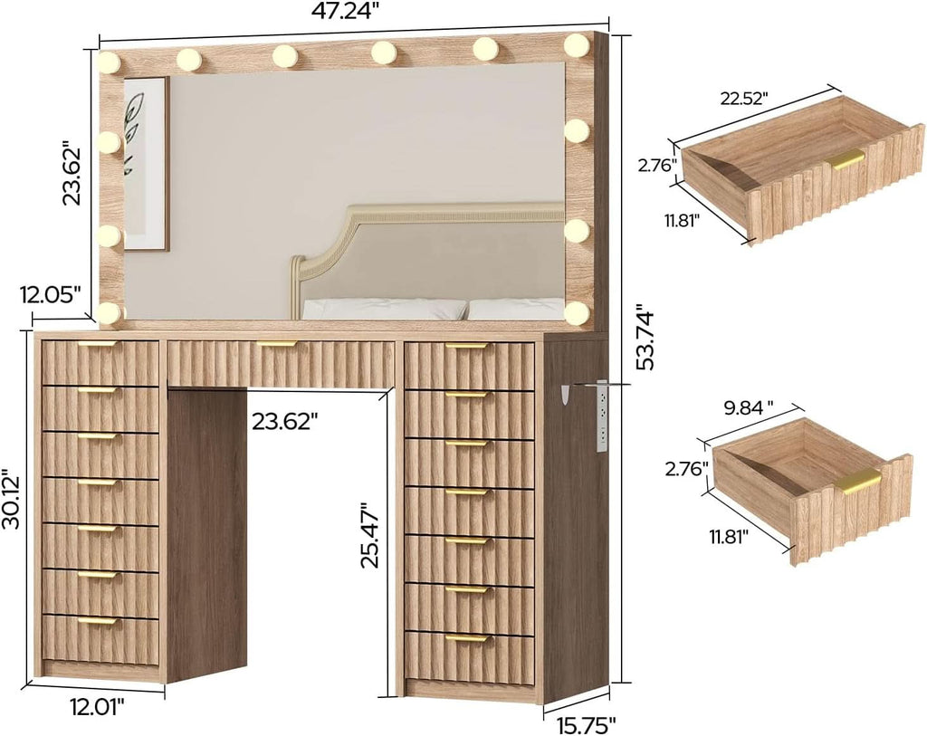 Fluted Makeup Vanity Desk Glass Top Fifteen Drawers LED Natural