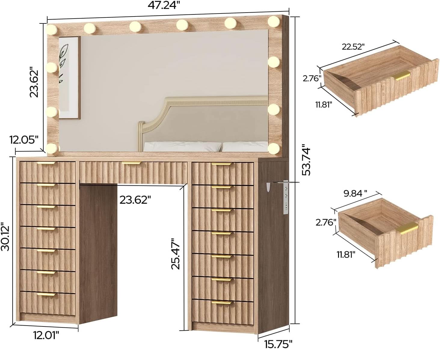 Fluted Makeup Vanity Desk Glass Top Fifteen Drawers LED Natural