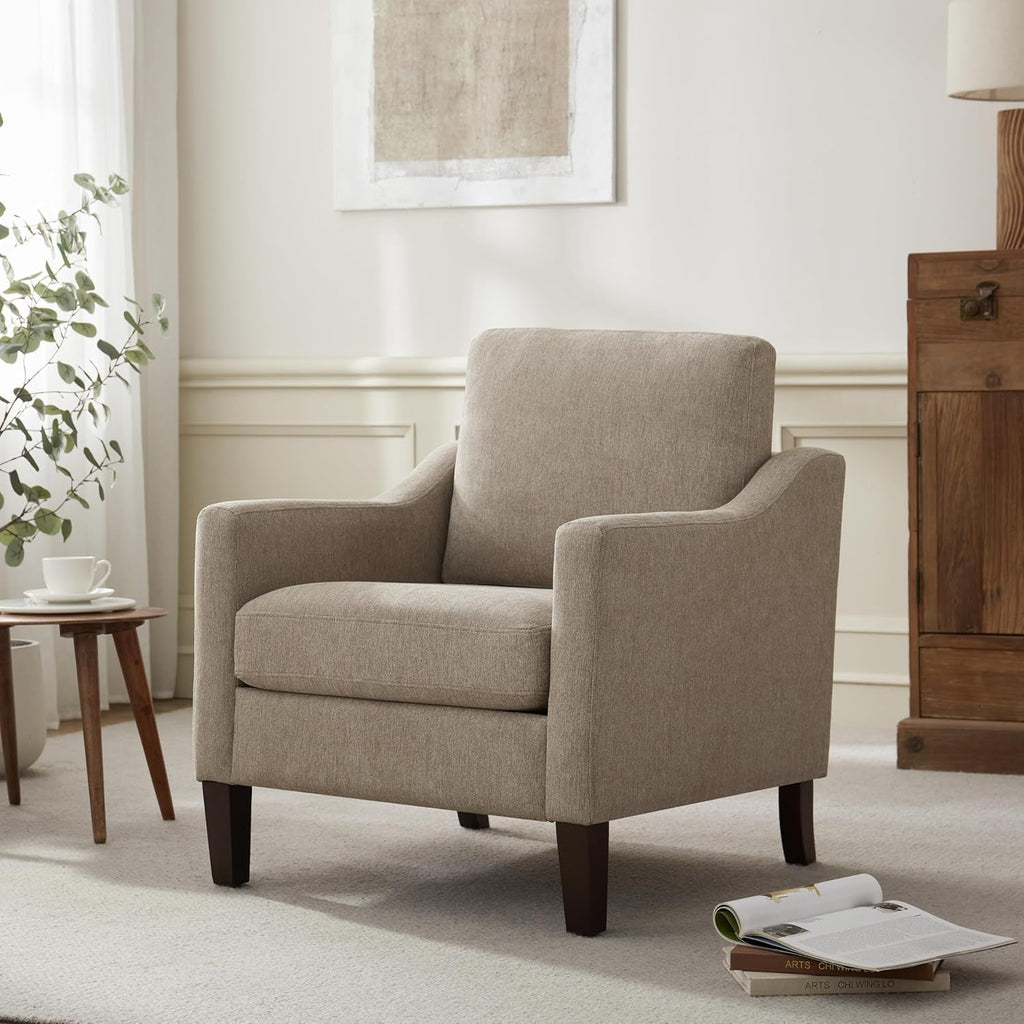 Brown Upholstered Armchairs With Polished Wooden Legs
