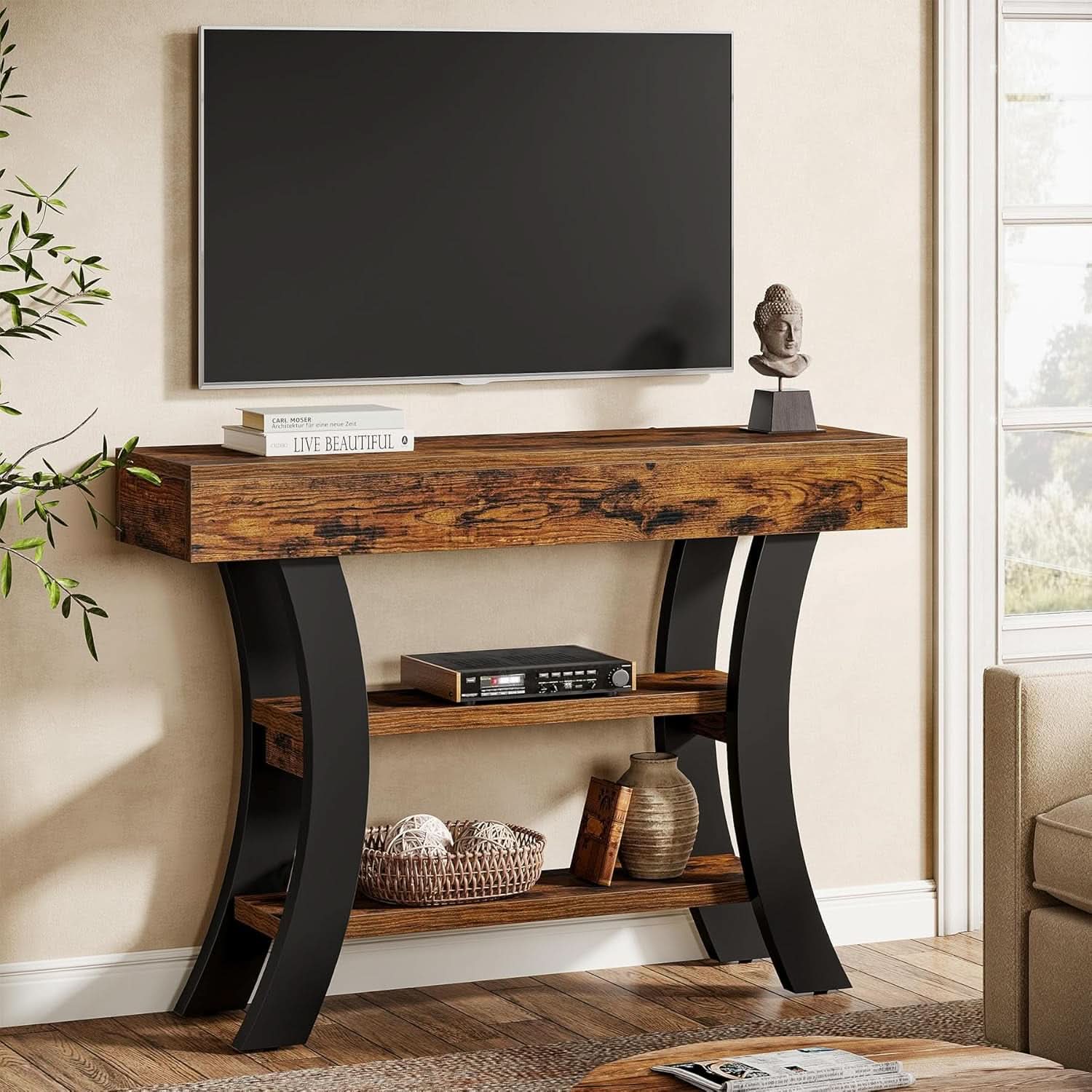 41 Inch Rustic Brown Console Table Curved Frame Shelves