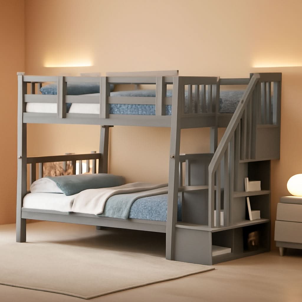Twin Over Twin Bunk Beds With Stairs Grey For Kids Dorm
