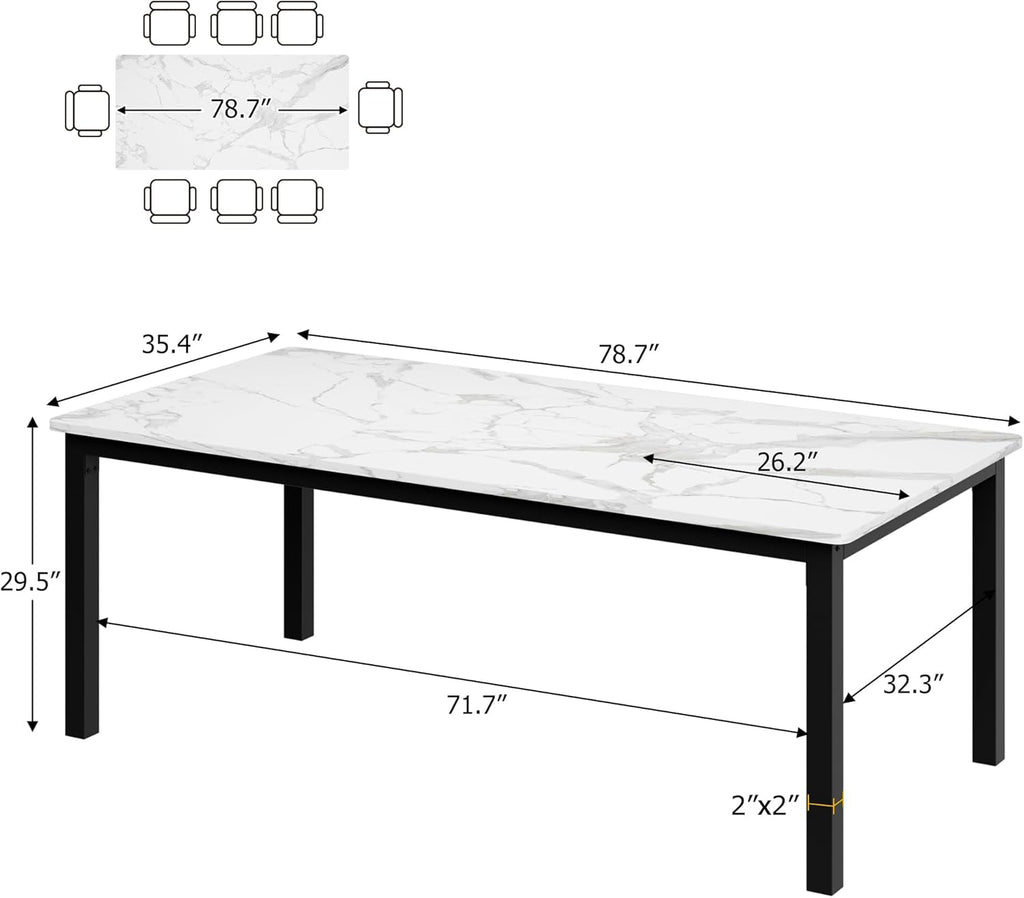 78 Inches Marble Industrial Rectangular Dining Table
