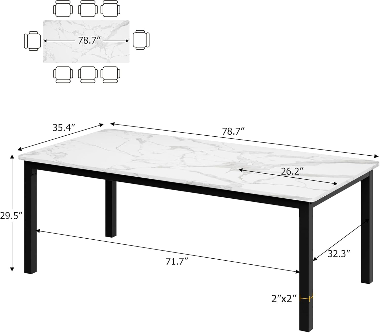 78 Inches Marble Industrial Rectangular Dining Table