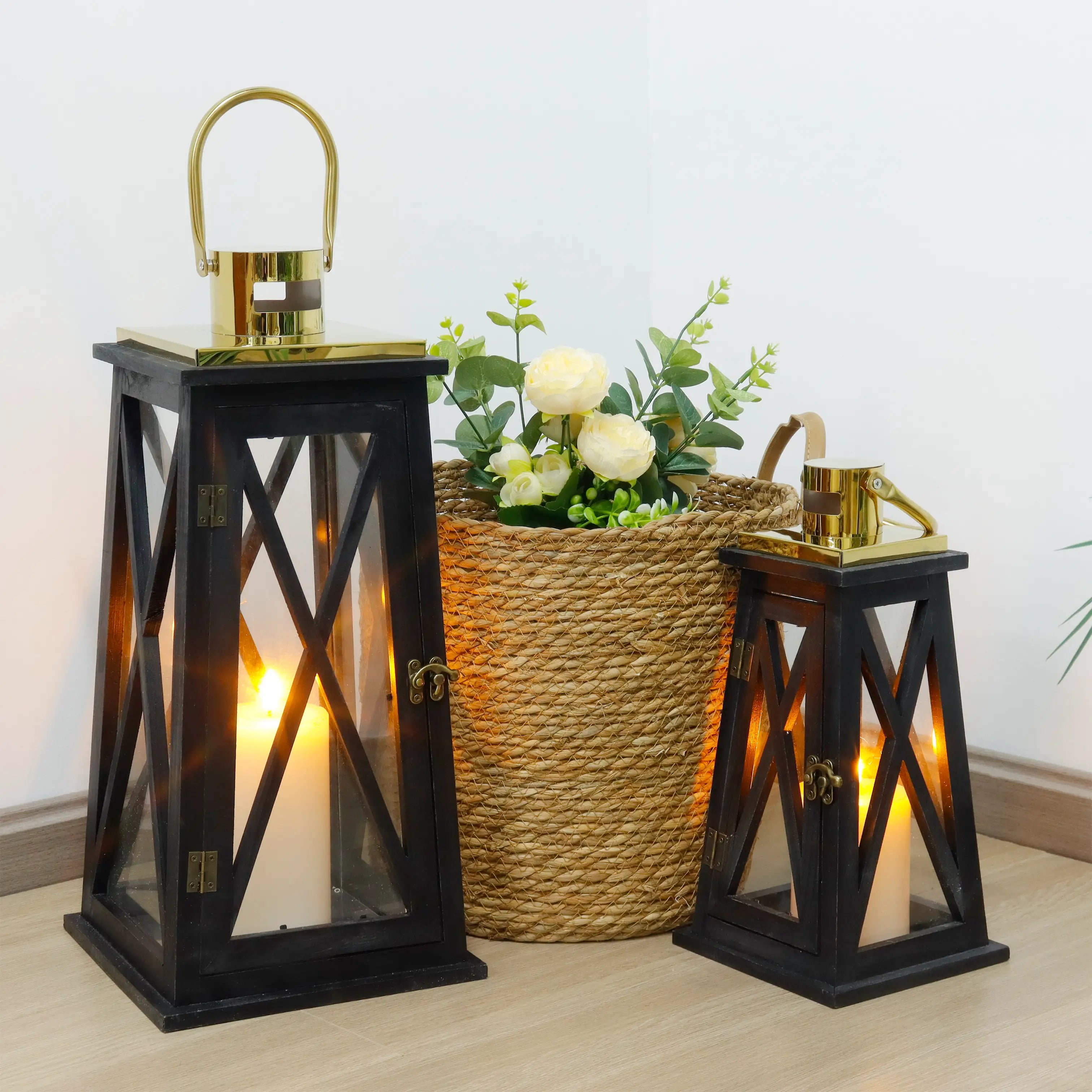 Set of 2-12''&18''H Farmhouse Wooden Lantern(Black Trapezoid)