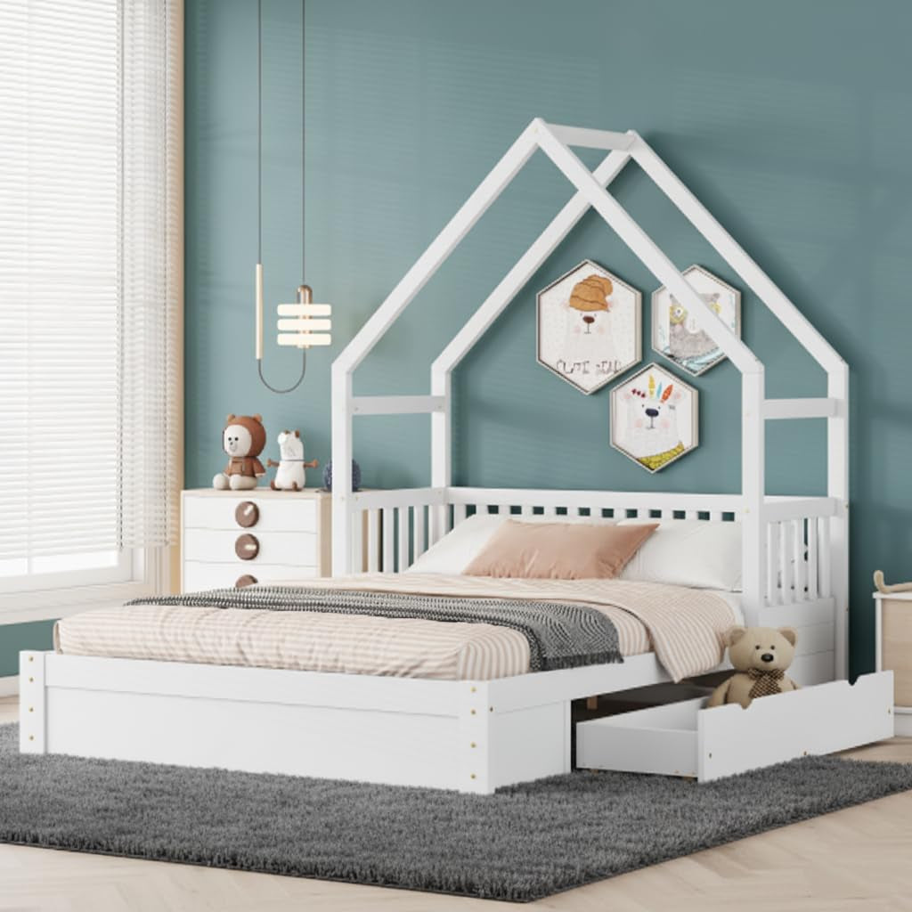 Queen Size House Bed Frame With Under Bed Storage Drawers