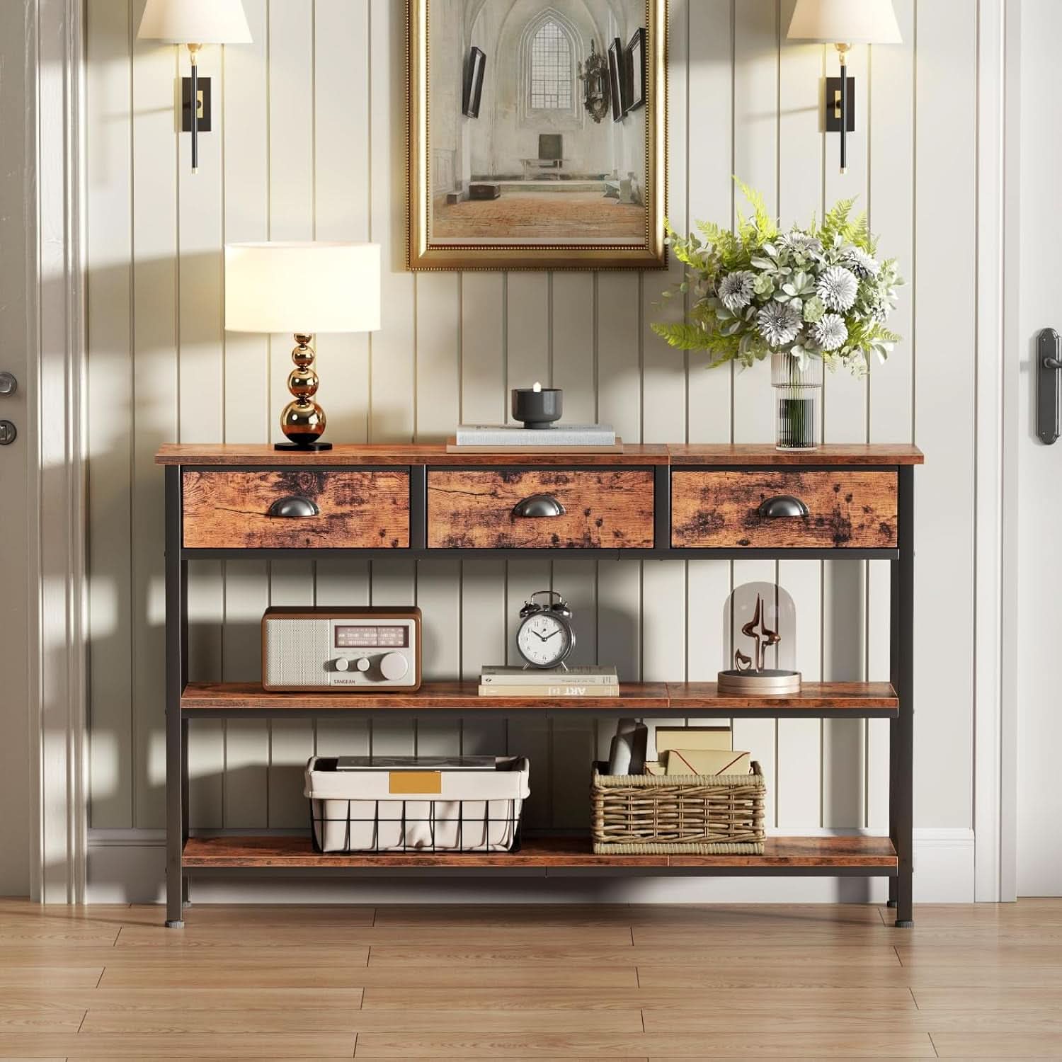 47-Inch Rustic Brown Console Table with 3 Drawers and Storage Shelves