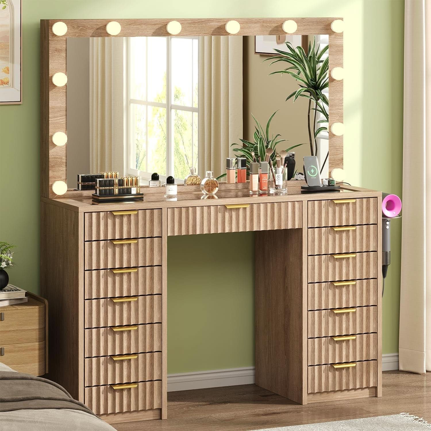 Fluted Makeup Vanity Desk Glass Top Fifteen Drawers LED Natural
