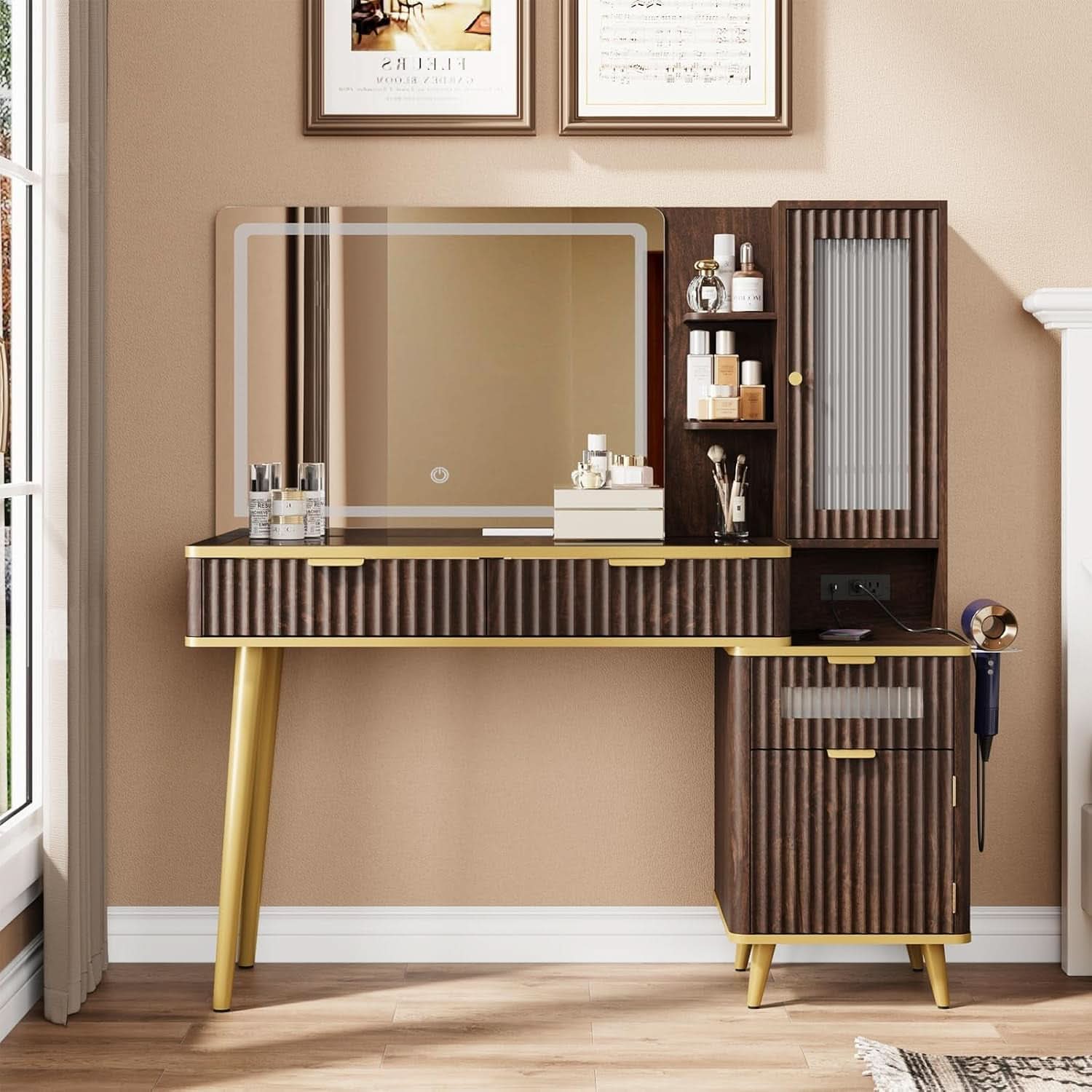 48 Inch Vanity Desk With Mirror Led Lights And Charging Station