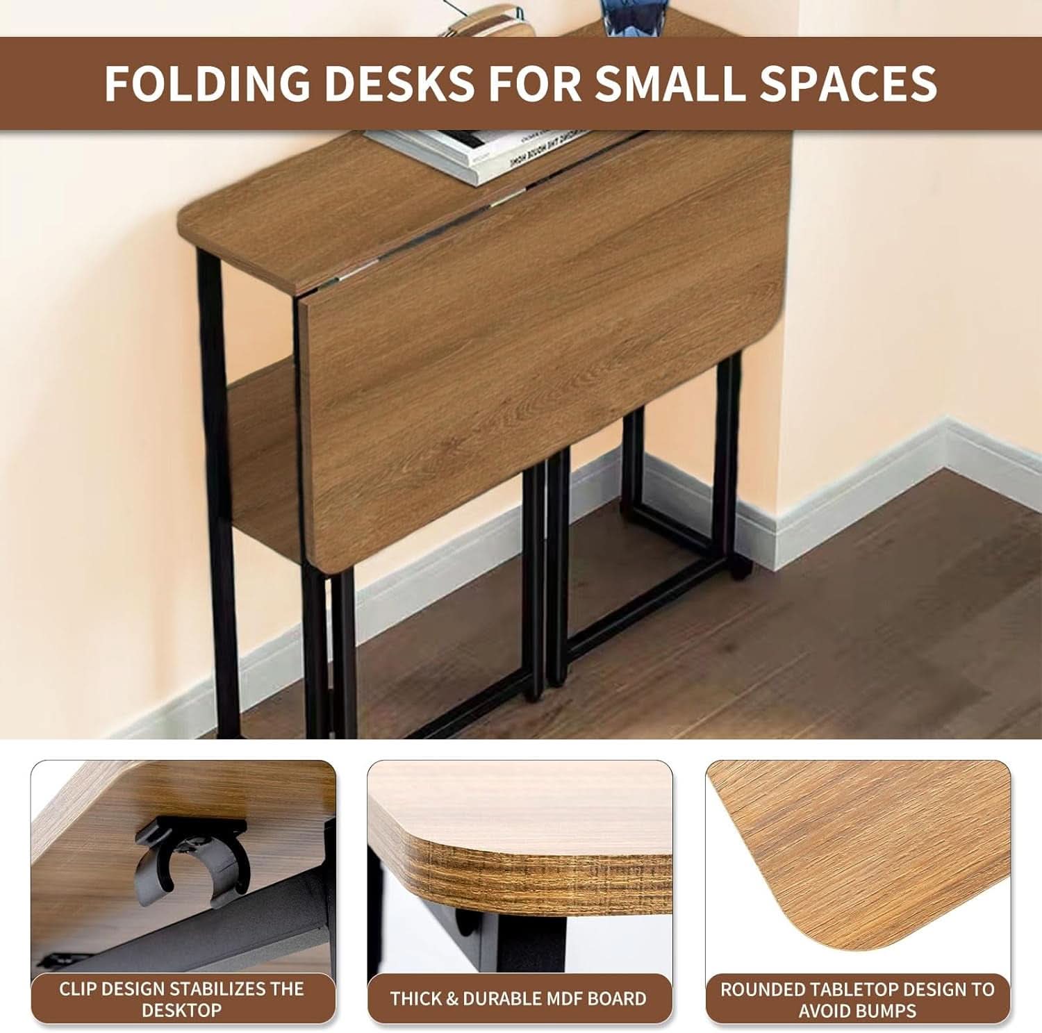 Brown Foldable Computer Desk With Wheels And Storage For Home Office
