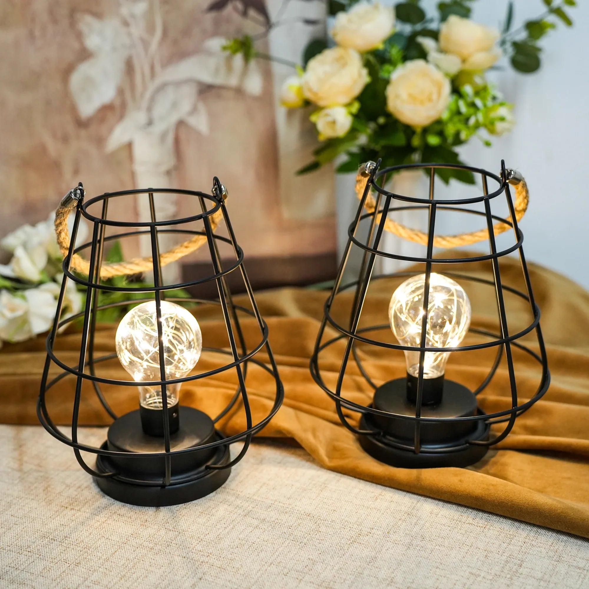 Set of 2 Cage Bulb Lantern Decorative Table Lamps