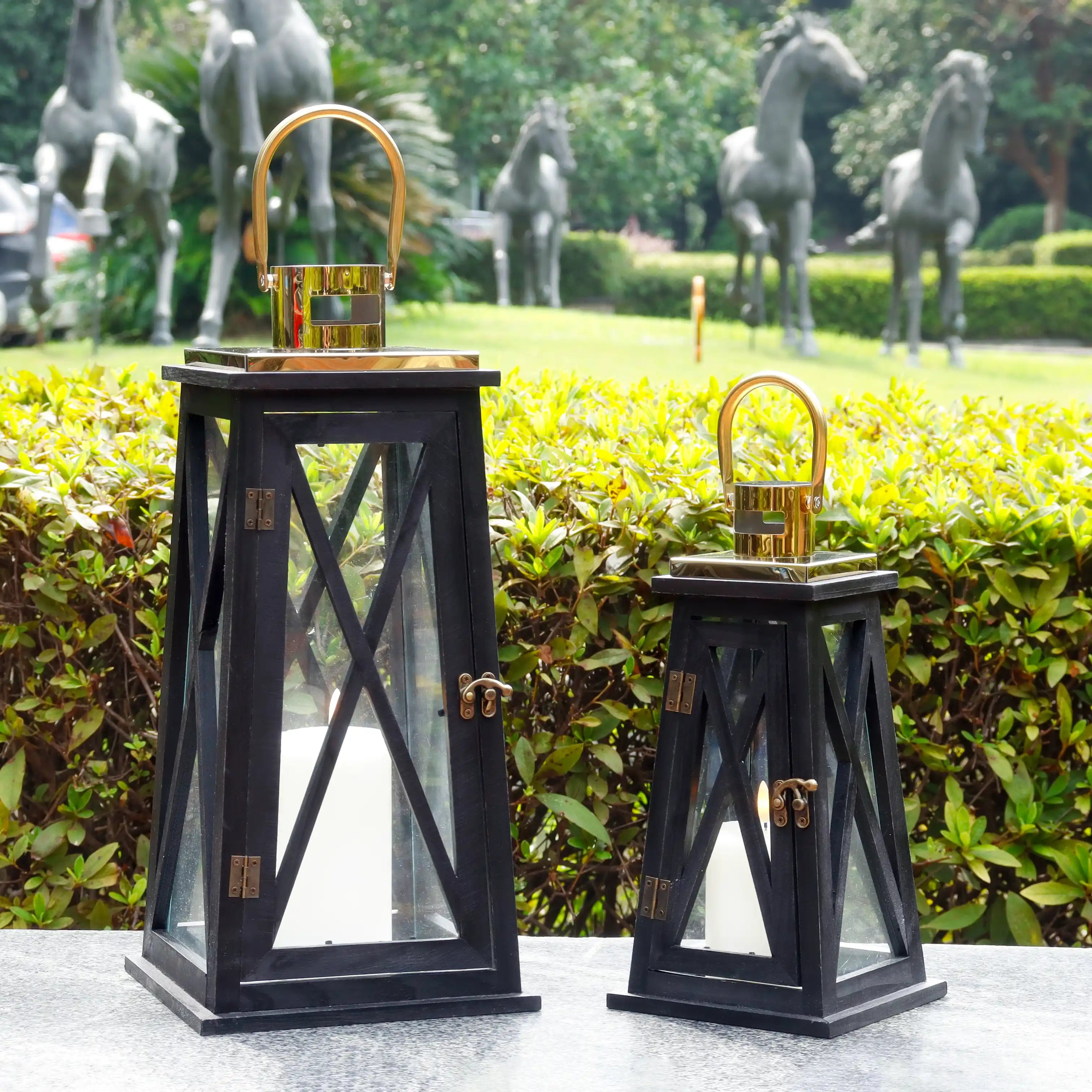 Set of 2-12''&18''H Farmhouse Wooden Lantern(Black Trapezoid)