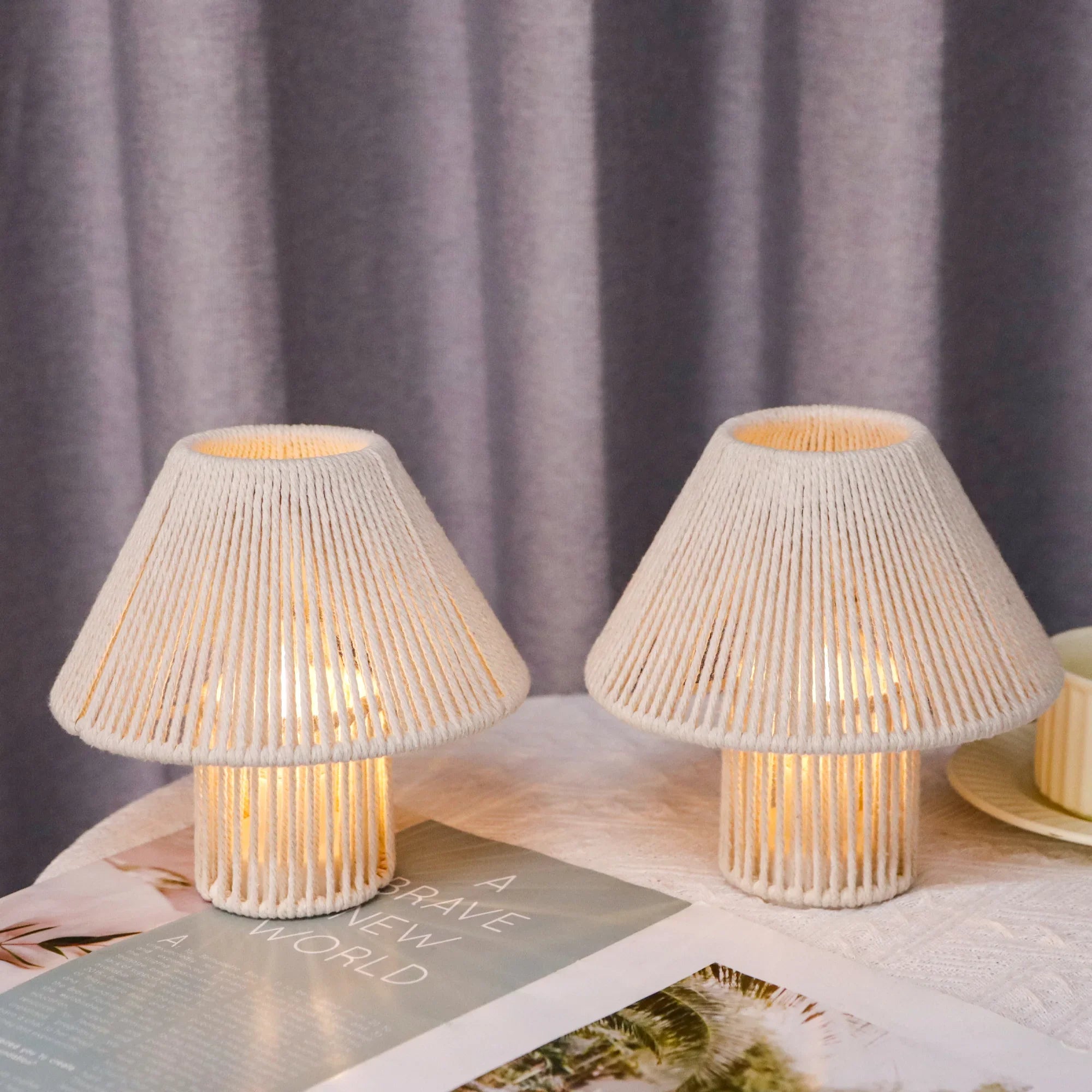 Set of 2 Woven Cotton Rope LED Cordless Table Lamp